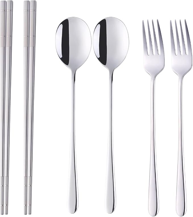 Buyer Star Stainless Steel Korean Chopsticks Spoons and Fork Set, 2 Pack Reusable Forks and Spoons Silverware Korean Utensil Set, Portable Utensils Dinnerware for Home (Silver)