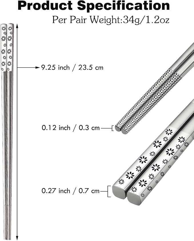 18/8 Stainless Steel Chopsticks Reusable, Cherry Blossoms, 5 Pairs | Metal,Gift Box Set,Dishwasher Safe, Square Lightweight, Non-Slip,Easy to clean