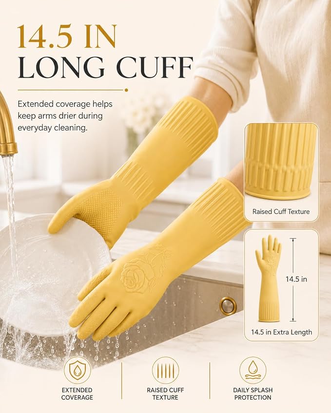 Disfore Rubber-Gloves Dishwashing Gloves for Cleaning-Kitchen - 2 Pairs Long Household Cleaning Gloves for Washing Dishes
