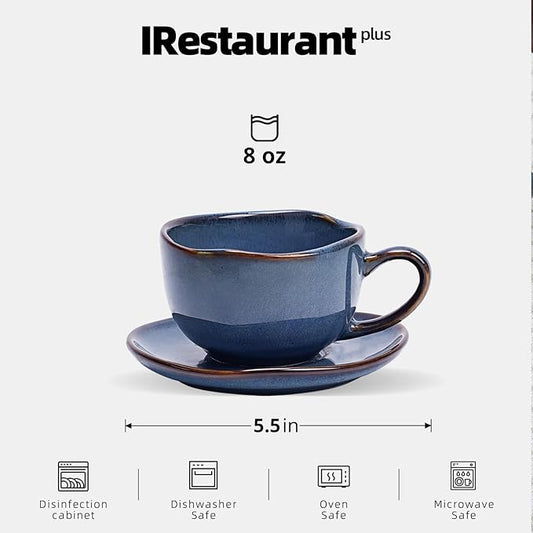 Organic Shape Restaurant 8OZ Coffee Cup and Saucer, Commerical Grade Catering Stoneware Cup and Saucer in Ir-regular Organic Shape, Chip & Scratch Resistant, Glossy Reactive Glaze Blue, Case of 24