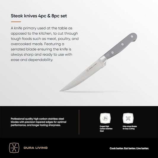 DURA LIVING Premium 4-Piece Steak Knife Set – Sharp Serrated Blades, Forged High Carbon Stainless Steel, Full Tang, Ergonomic Handle, Elegant Gray Finish – Ideal for Dining & Entertaining