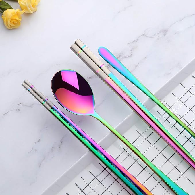 Buyer Star 4 Set Rainbow Square Chopsticks and Spoons Set Metal Stainless Steel Spoons Chopsticks Set