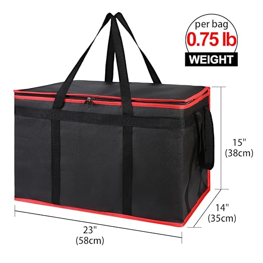 Bodaon 3-Pack Insulated Food Delivery Bag for Hot and Cold Meal, XXXL Cooler/Thermal Bags, Grocery Tote Insulation Bag for Catering, Large Pizza Warmer, Black with Red Edge