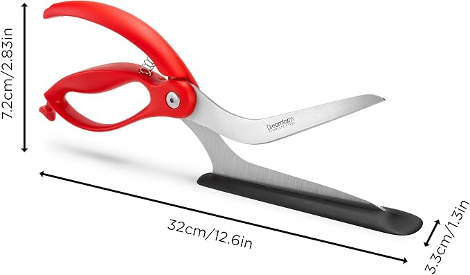 Dreamfarm Scizza 2-In-1 Easy Ergonomic Pizza Scissors with Stainless Steel Pizza Cutter Blades & Non-Stick Slice Server - Red | Cuts and serves pizza with non-scratch, heat resistant serving base, spring-loaded German stainless steel blades