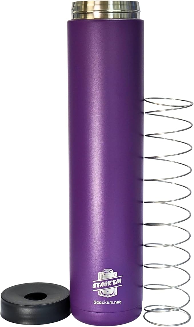 Stack'Em Patented Skinny Can Cooler Insulator - Holds Two 12 oz Slim Cans - Stainless Steel Stackable Thermocooler - Reusable Drink Holder for Beer, Seltzer, Soda, Energy Drinks (Purple)