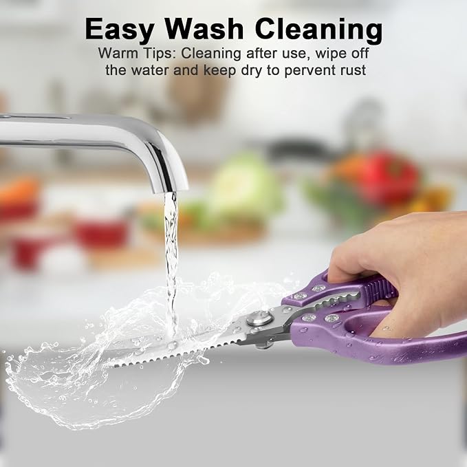 CGBE Kitchen Scissors All Purpose Heavy Duty, Ultra Sharp Stainless Steel Kitchen Shears Dishwasher Safe, Cooking Shears for Chicken, Poultry, Fish, Meat, Herbs & Grapes with Non-Slip Grips - Purple