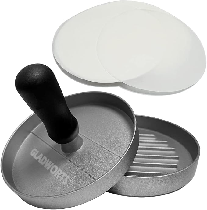 Hamburger Press Patty Maker Cast Aluminium + 100 Non-Stick Papers, Quarter Pound Burger Press Metal Burger Mold Presser, 1/4 lb, 4.5 inch