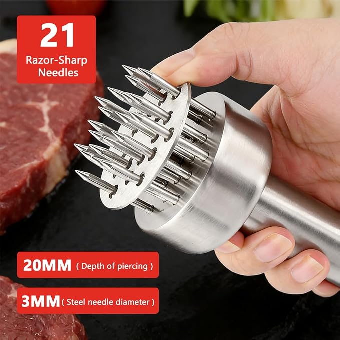 Meat Tenderizer Tool, 304 Stainless Steel Meat Mallet with 21 Ultra-Sharp Tenderizer Needles for Tenderizing Beef, Turkey, Chicken, Steak, Dishwasher Safe