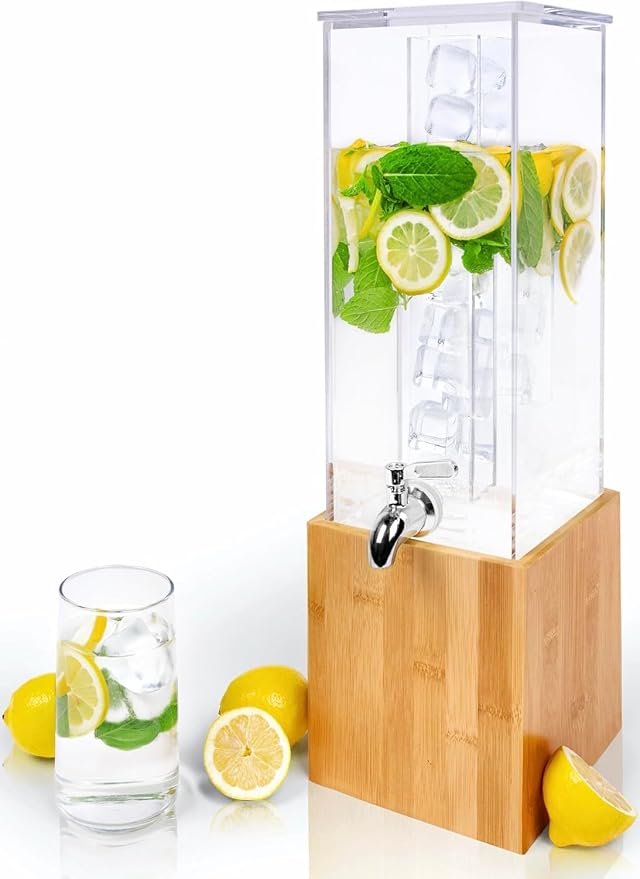 KSESTOR Acrylic Drink Dispenser - 1.25 Gal with Stand and Ice Core | BPA-Free Acrylic Beverage and Juice Dispenser with Bamboo Stand, Ice Core, and Steel Spigot for Parties, Weddings and Events