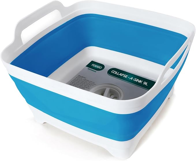 FOSJGO Collapsible Dish Basin with Drain Plug, Foldable Sink, 2.4 Gal (9L) | Space-Saving Wash Basin for Kitchen, Baby Bottles, Vegetable Washing, Camping, RV and Party Beverage Tubs