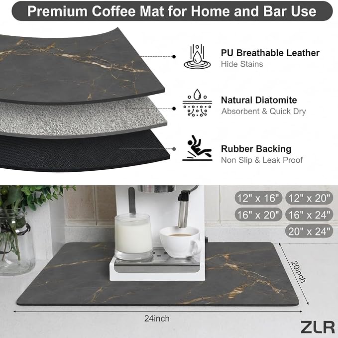 ZLR XXL Coffee Bar Mat for Barista Workstation, 20"x24", Marble Gray | Pro Home Cafe Station, Absorbent Dish Drying Mat, Stain-Hiding Top, Fits Multi-Appliance, Cup Display & Knock Box