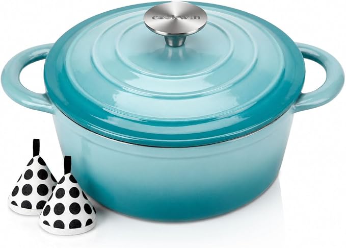 Enameled Cast Iron Dutch Oven, 5 QT Bread Baking Pot with Self Basting Lid, Non-stick Enamel Coated Cookware Pot, Great Christmas Gifts for Family, Teal