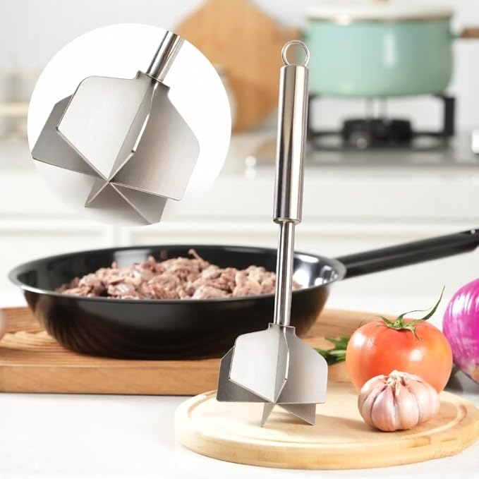 Meat Chopper - 304 Stainless Steel Meat Masher, 10 Inch Ground Beef Masher with 6 Blades, Premium Heat Resistant Smasher for Ground Beef, Hamburger Grinder, Non Stick Mix Ground Chopper, Potato Masher