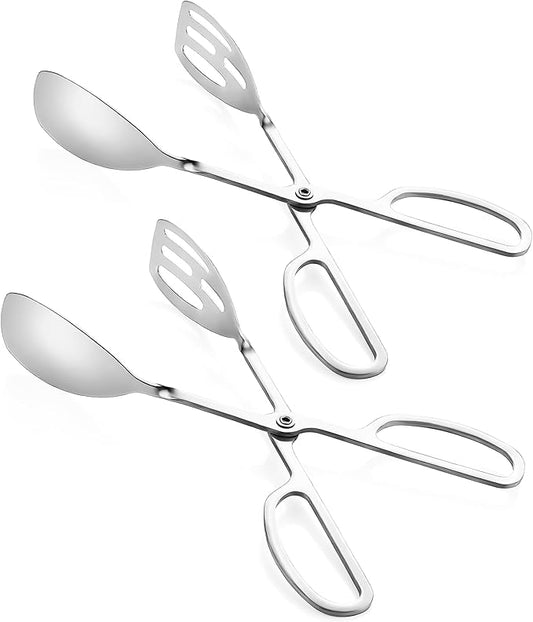 2-PACK Salad Tongs for Serving - Premium Stainless Steel Scissor-Style, Non-Toxic, Heat-Resistant Salad Servers, Dishwasher Safe, Ideal for Buffet and Party Use (Silver)