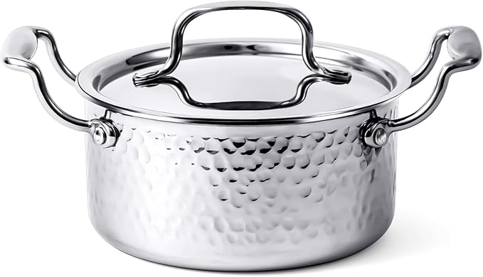 WANGYUANJI 1.8-Quart Stainless Steel Stock Pot with Lid, Small Soup/Sauce Pot, Tri-Ply Bottom, Induction Compatible, Dishwasher Safe, Hammered Finish