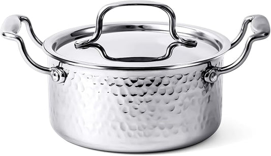 WANGYUANJI 1.8-Quart Stainless Steel Stock Pot with Lid, Small Soup/Sauce Pot, Tri-Ply Bottom, Induction Compatible, Dishwasher Safe, Hammered Finish