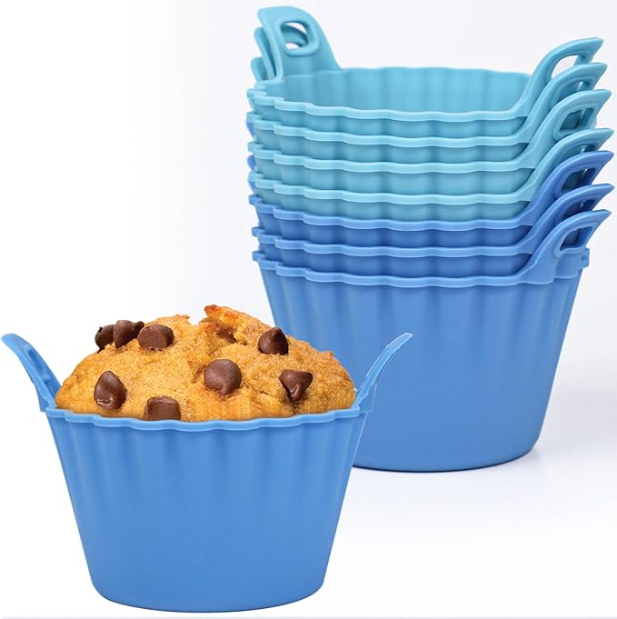 Koluti Nonstick Silicone Muffin Baking Cups Pack of 8, Reusable Cupcake Molds with Double Handle, BPA Free, Small Round Air Fryer Cupcakes Liner, 2 Colors