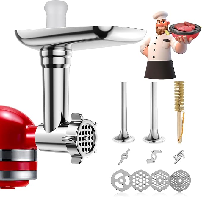 Metal Food Grinder Attachments for KitchenAid Stand Mixers | Meat Grinder, Sausage Stuffer, 15pcs Meat Grinder Accessories Set, Silver