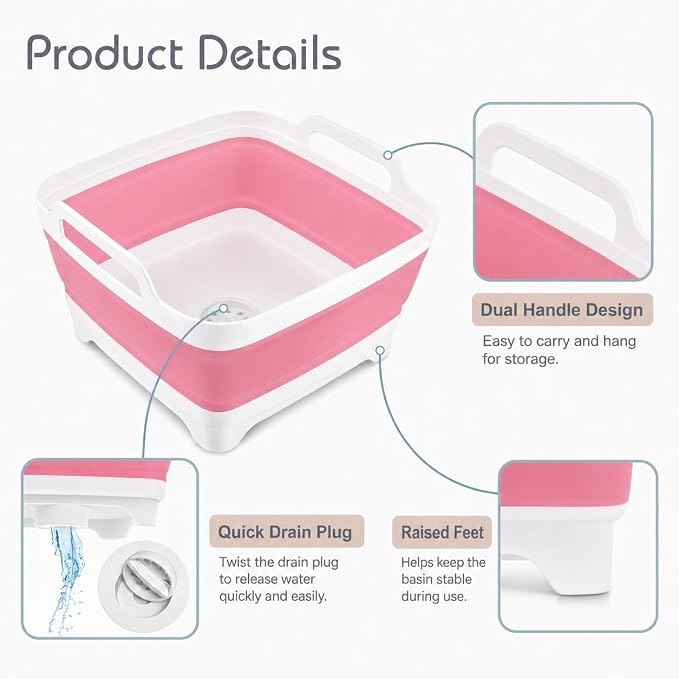 2.4 Gal(9L) Collapsible Dish Basin with Drain Plug, Space Saving Outdoor Multiuse Foldable Sink Tub, Dishpan, Kitchen Storage Tray for Camping, Vegetable Washing, RV (Pink)