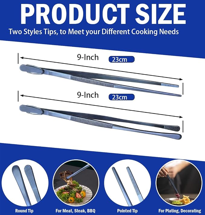 JETKONG 2 Pcs 9-Inch Cooking Tweezer Tongs Stainless Steel Kitchen Tweezers Plating Tongs (Navy Blue)