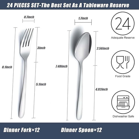 24 Pcs Forks and Spoons Silverware Set, Food Grade Stainless Steel Flatware Cutlery Set for Home, Kitchen and Restaurant, 12 Dinner Forks and Dinner Spoons, Mirror Polished & Dishwasher Safe