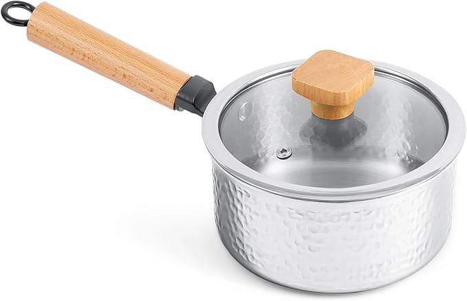 WANGYUANJI 1.8-Quart Stainless Steel Saucepan with Lid, Coating-Free Small Soup Pot, Hammered Finish, Induction Compatible, Tempered Glass Lid, Cool-Touch Wood Handle