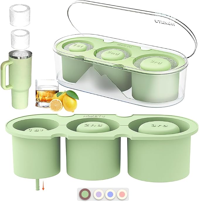 Silicone Ice Mold for Stanley Cup 30 40oz, Tumbler Ice Maker | Easy Fill and Release Without Touching Ice, Ice Cube Tray with Clear Lid and Bin for Freezer, Whiskey, Cocktail (Green)