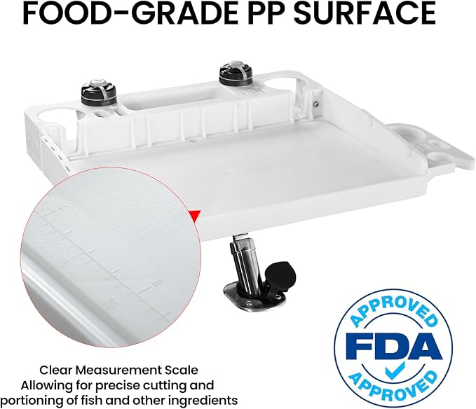 Boat Cutting Board Bait Table with Stainless Steel Arm, Single Rod Holder, 360° Rotating Surface, Knife & Plier Slots, Drain Channel – Fish Cleaning & Fillet Station for Boats & Grills