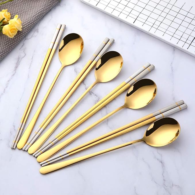 Buyer Star 4 Set Gold Square Chopsticks and Spoons Set Metal Stainless Steel Spoons Chopsticks Set