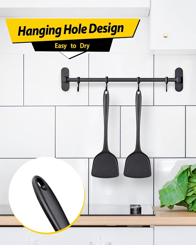 BUNDLEPRO Silicone Seamless Wok Spatula, 2 Pack, Black | Non-Stick, Heat Resistant, Easy to Clean, Dishwasher Safe, Kitchen Utensils for Cooking, Baking, Stir-Fry