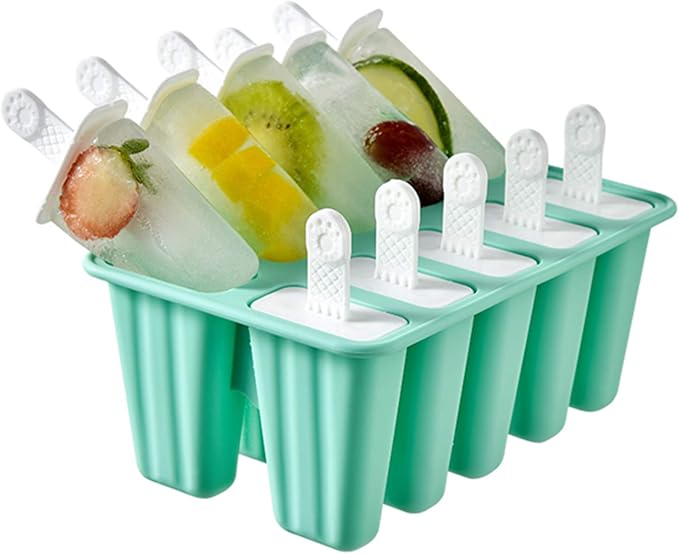 Popsicle Molds 10 Pieces Silicone Ice Pop Molds Popsicle Mold Reusable Easy Release Ice Pop Maker(10 Cavities-Green)