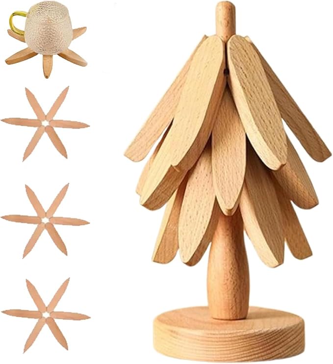 Natural Wood Tree Trivet Set, 𝐍atural Tree Trivet Set - 4 Wooden Trivets,4 Wooden 𝐓rivets & 1 Stand Like a Christmas Trees,for Hot Dish,Pot,Bowl,Teapot,Hot Pot Sets (Natural Wood 3 Trivets,1set)
