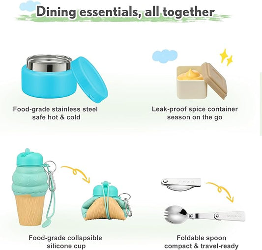 Lunch Box Kids with 5 Compartments, Insulated Food Jar & Utensil & Sauce Container & Lunch Bag & Silicone Collapsible Cup, Leak Proof Bento Box, BPA-Free & Dishwasher Safe-Blue