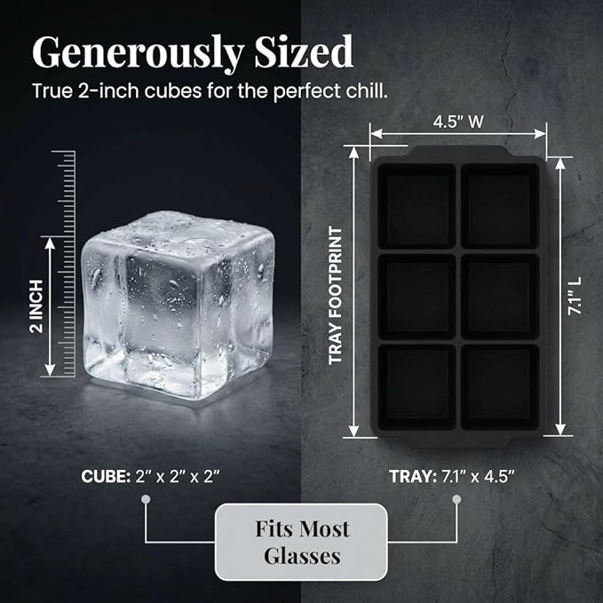 KitchFort® Large Silicone Ice Cube Tray (2-Pack) - 2" Big Ice Mold with Lid | Easy Release, Cocktail, Whiskey Ice Cubes Mold - Food Grade - Ice Cube Trays for Freezer - Stackable Silicone Ice Tray