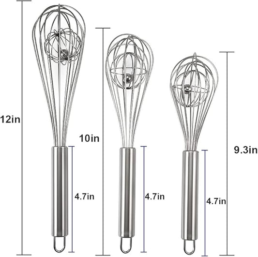 3 Pack 9, 10, 12 inch Balloon Whisk Double Balloon Wire Whisk Blending Whisking Beating Stirring Egg Beater Stainless Steel(with inside Ball)