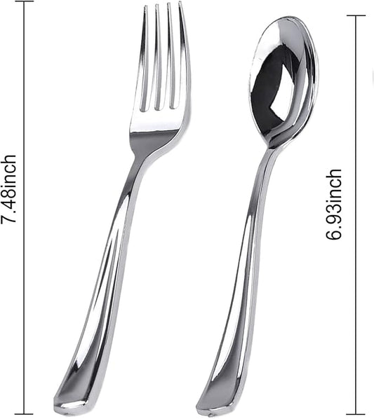 BUCLA 200 Pieces Silver Plastic Silverware - Heavy Duty Disposable Cutlery set - 100 Silver Plastic Forks, 100 Disposable Spoons for Catering, Parties, Dinners, Weddings and Christmas