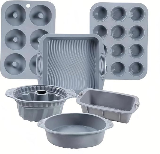 Nonstick Silicone Bakeware Set, 6 set Baking Cake Pan, Economical BPA Free Heat Resistant Bakeware Tools for DIY Loaf Bread Cheesecake Pizza Cupcake Muffin (Gray)
