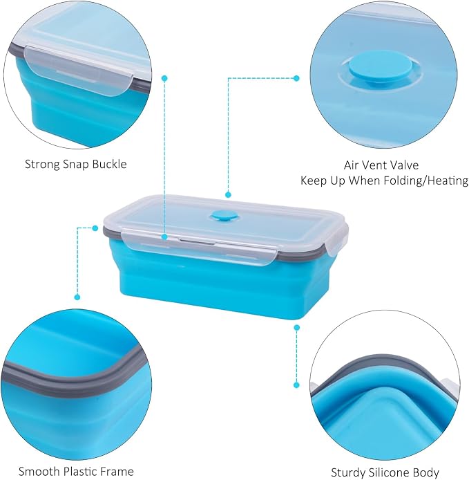 Extra Large Collapsible Food Storage Containers with Lid & Air Vent, 58 oz, 4 Pack, XL Collapsible Marinade Container with Lid Foldable Silicone Containers, Microwave Freezer Dishwasher Safe, Blue