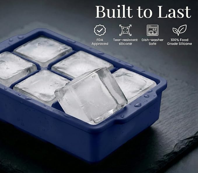 KitchFort® Large Silicone Ice Cube Tray (2-Pack), Easy Release 2" Big Ice Cubes - Cocktail, Whiskey Ice Cubes Mold - Ice Trays for Freezer with Lid - Stackable Silicone Ice Tray - Navy Blue