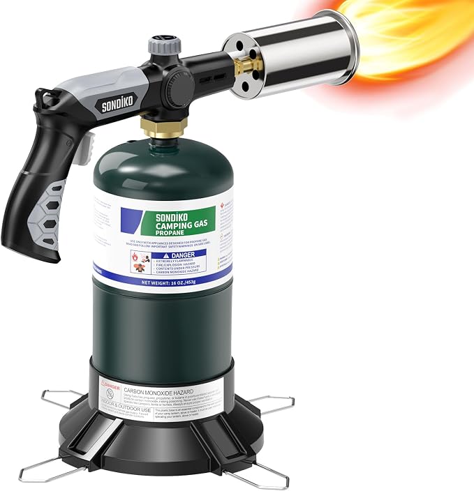 Sondiko Powerful Propane Torch with Gas Cylinder Stand Base, Grill Torch | Cooking Torch, Sous Vide, Campfire Starter, Adjustable Torch Gun for Searing Steak, BBQ, Welding, Propane Tank Not Included