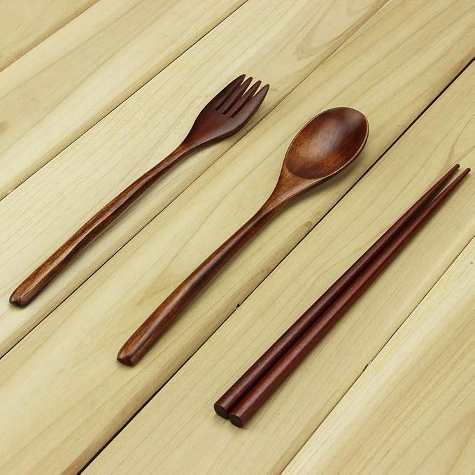 Wooden Spoon and Fork Set,AOOSY 4 Pcs Portable Wooden Utensils for Eating | Reusable Travel Cutlery Set with Wood Fork, Spoon, Chopsticks,9Inches