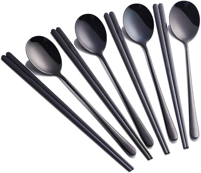 Buyer Star 4 Set Spoon Chopsticks, Black Reusable Metal Stainless Steel Korean Chopstix Spoon Set