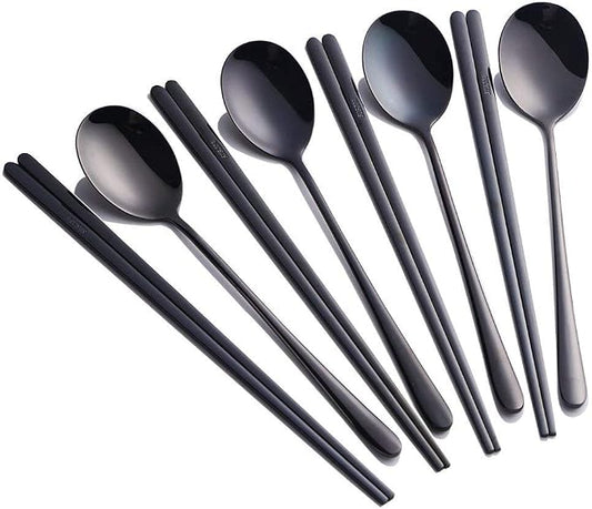 Buyer Star 4 Set Spoon Chopsticks, Black Reusable Metal Stainless Steel Korean Chopstix Spoon Set