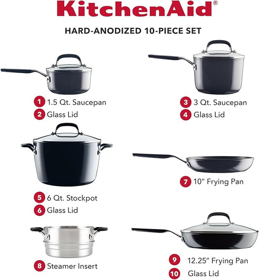 KitchenAid Hard Anodized Nonstick Cookware/Pots and Pans Set, 10 Piece - Matte Black