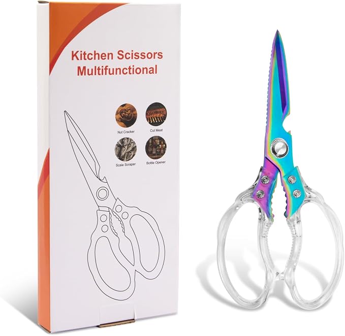 CGBE Kitchen Scissors, Multi-Purpose Kitchen Shears, Heavy Duty Food Scissors for Chicken, Poultry, Fish, Meat & Herbs with Non-Slip Grips (Transparent Colorful)