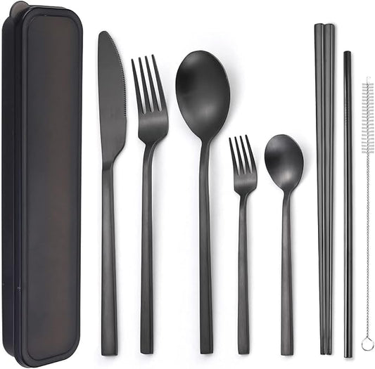 AARAINBOW 6 Pieces Stainless Steel Flatware Set Portable Reusable Cutlery Set Travel Utensils Set Including Chopsticks Knife Fork Spoon Straws Cleaning Brush Dishwasher Safe (B-Black)