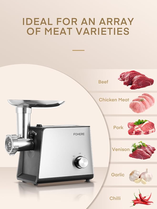 FOHERE Electric Meat Grinder for Home Use 3200W Max Heavy duty | meat mincer with 2 blades, 3 grinding plates, 3 sausage stuffer tubes and Kubbe kit