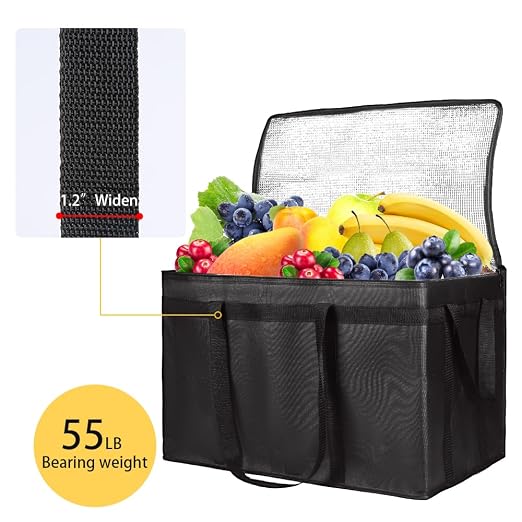 Insulated Food Delivery Bag, XXXL Grocery Cooler Bags, Black, 3-Pack | Insulated Reusable Tote Bag for Shopping/Travel, Catering for Hot/Cold Food Carrier, 23"x14"x15" Commercial Food/Pizza Warmer