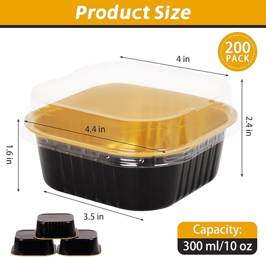 200 Pack 10 oz Black Gold Mini Aluminum Cake Pans with Lids and Spoons, Disposable Square Baking Cups, Oven Safe Foil Ramekins for Individual Desserts, Cupcakes, Cheesecakes Ramekins Muffin
