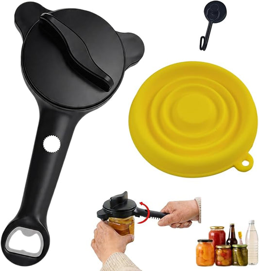 4-in-1 Jar Opener for Weak Hands, Seniors with Arthritis (Black) | Multi-Purpose Lid Opener Includes Magnetic Hook & Rubber Gripper for Jars, Bottles and Beer Caps Simple Twist-off Operation
